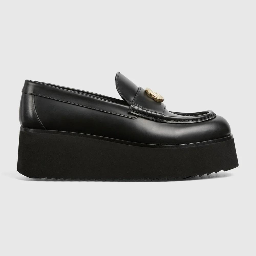 Gucci Black Platform Leather Loafers with Gold Emblem - Women - Picture 7 of 9